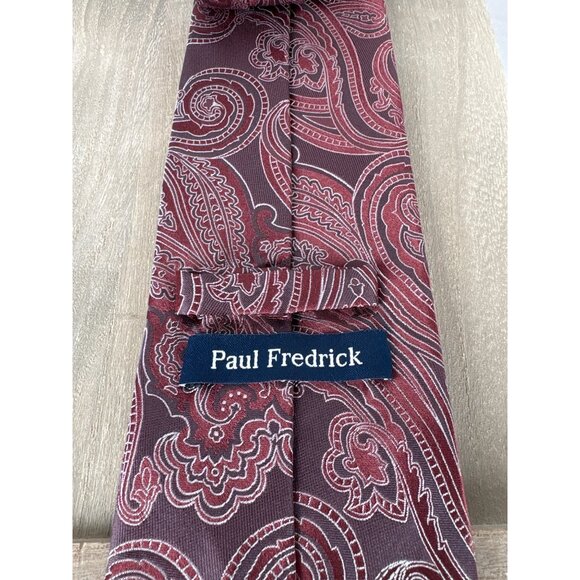 Paul Fredrick Mens Silk Paisley Tie In Rich Burgundy & White Pattern Holiday - Picture 4 of 5